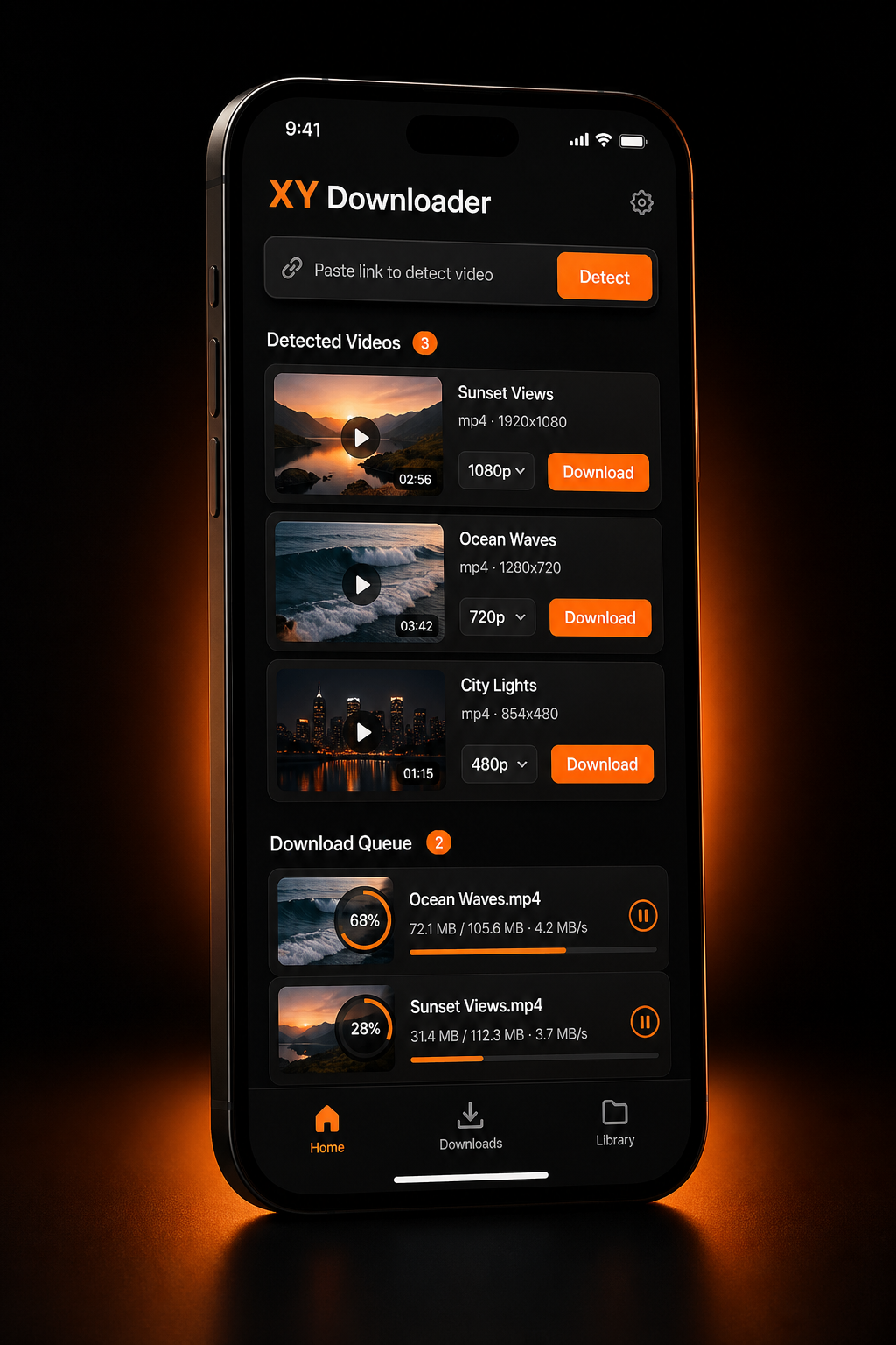 XY Downloader mobile app preview showing detected videos and download progress